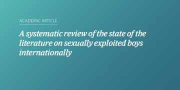 Teal and blue gradient background with white text that says “A systematic review of the state of the literature on sexually exploited boys internationally”