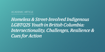 Teal and blue gradient background with white text that says "Homeless & Street-Involved Indigenous LGBTQ2S Youth in British Columbia: Intersectionality, Challenges, Resilience & Cues for Action”