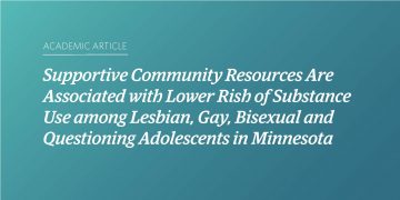 Teal and blue gradient background with white text that says "Academic Article: Supportive Community Resources Are Associated with Lower Risk of Substance Use among Lesbian, Gay, Bisexual, and Questioning Adolescents in Minnesota"