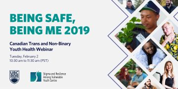 Grey image with text that says "Being Safe, Being Me 2019. Canadian Trans and Non-binary Youth Health Webinar. Tuesday, February 2. 10:30 am to 11:30 am (PST). There is a UBC logo and a SARAVYC logo below text. Are the right are images of several trans and/or non-binary youth smiling.