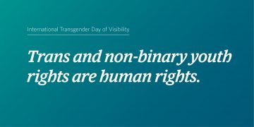 Image with a teal and blue gradient background. Small text says "International Day for the Elimination of Racial Discrimination" above larger text that says "Image with a teal and blue gradient background. Small text says "International Transgender Day of Visibility" above larger text that says "Racism is a public health issue."."