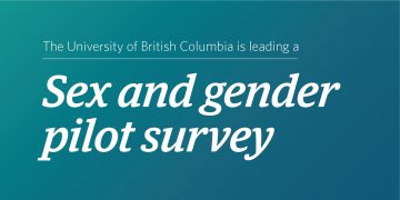 Image with a teal and blue gradient background and text that says “The University of British Columbia is leading a Gender and Sex Pilot Survey”